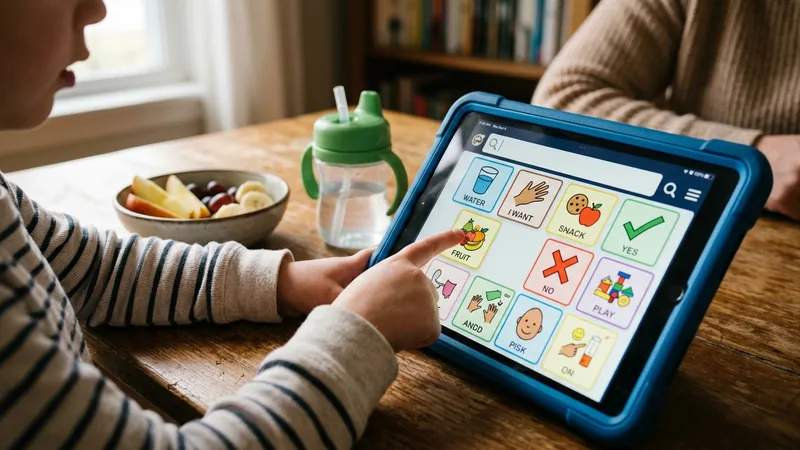 Child touching core word symbols like snack and play on an AAC tablet device during a daily home routine