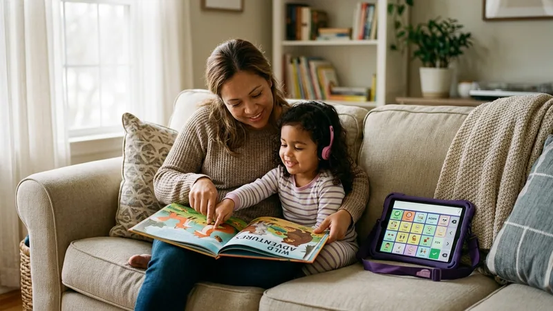 Mother and child enjoying a shared storybook reading session on the sofa with an AAC communication tablet device