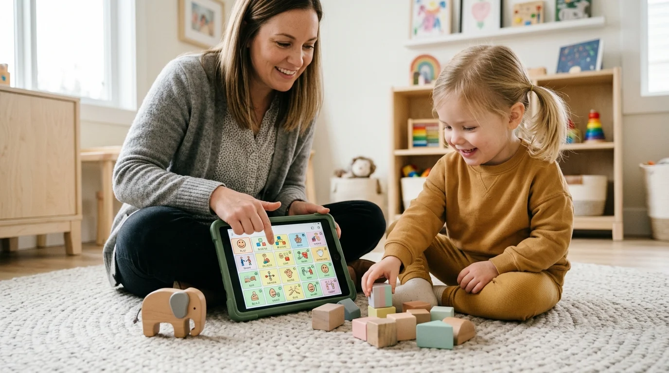 Speech therapist modeling AAC device while playing with blocks