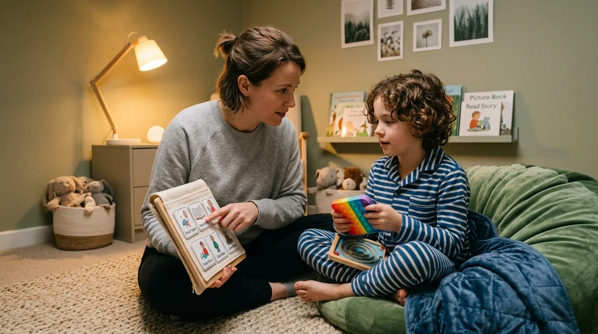 Calm sensory bedroom environment with parent guiding child through bedtime routine under warm amber light