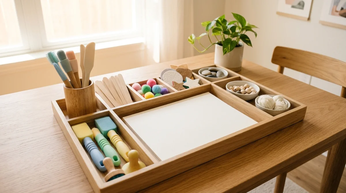 Sensory-friendly art station with adaptive long-handled tools and micro-organized supplies on a tray