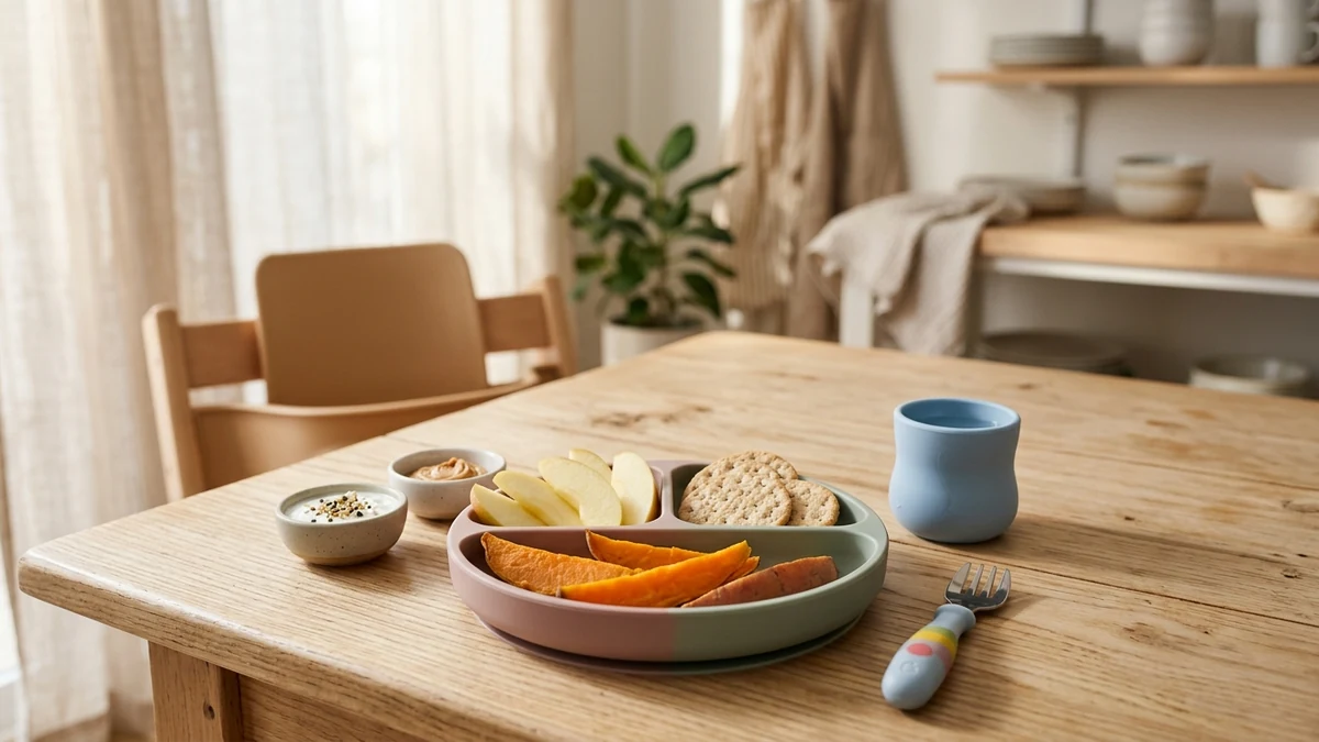 Sensory-friendly divided meal plate and tasting dishes demonstrating gentle food chaining transitions for an autistic child