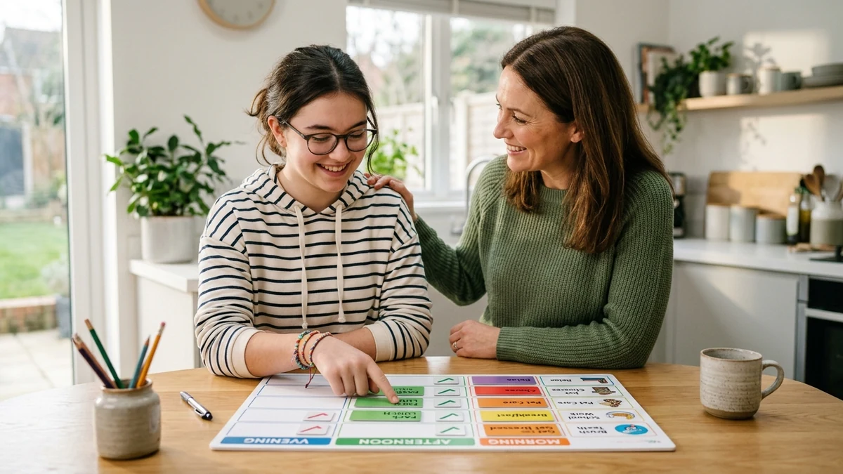 Parent and neurodivergent youth collaborating on an empowering visual daily routine and practical life skills planning board
