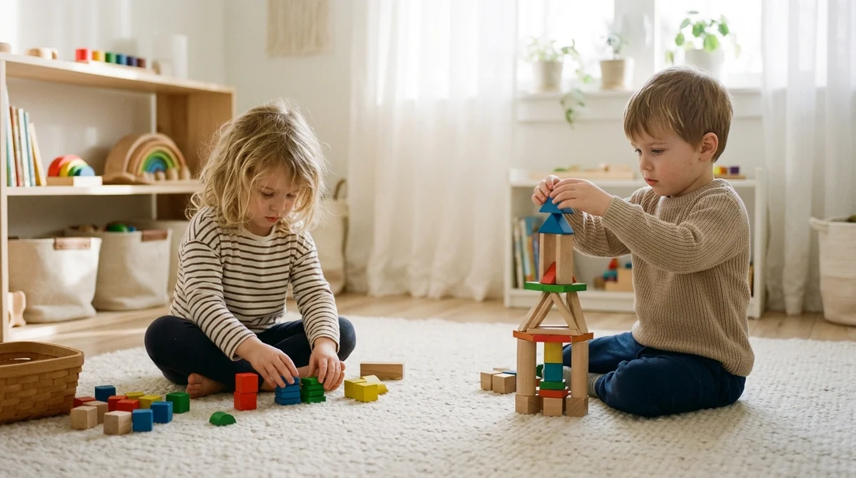 Autistic children playing side by side with building blocks