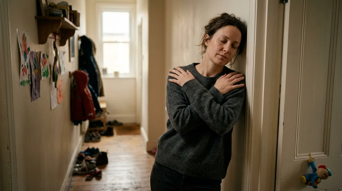 Exhausted parent taking a moment to breathe and reset
