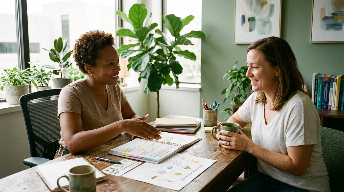 A compassionate behavioral coach and parent discussing support strategies at a table