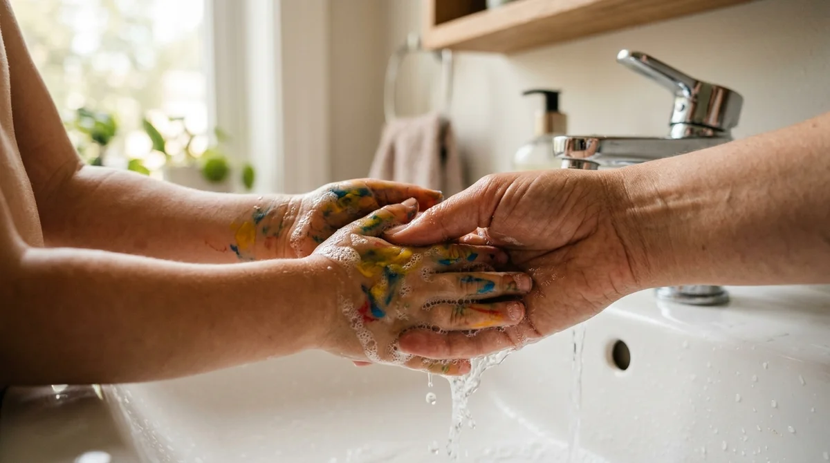 Autistic child washing hands under warm water to find relief after sensory overload from messy play