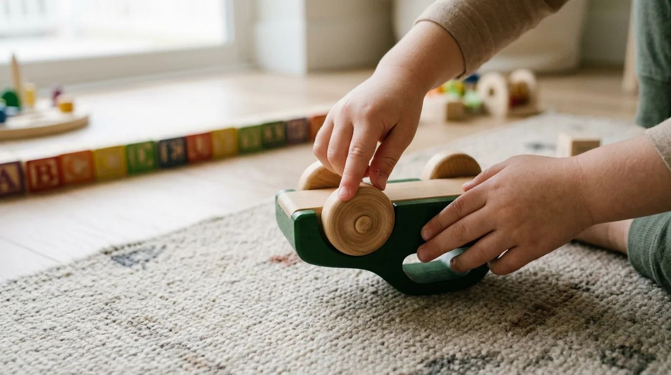 Autistic child examining the spinning wheels of a toy car