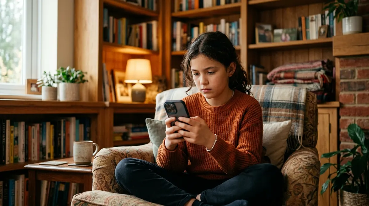 Child reflexively turning smartphone face down and checking digital notifications displaying subtle cyberbullying warning signs