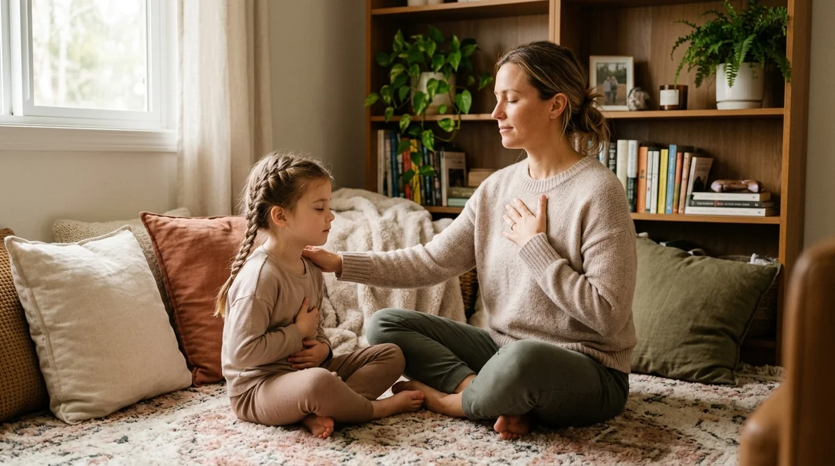 Mother and child practicing somatic co-regulation and gentle grounding in a tranquil sensory-friendly room