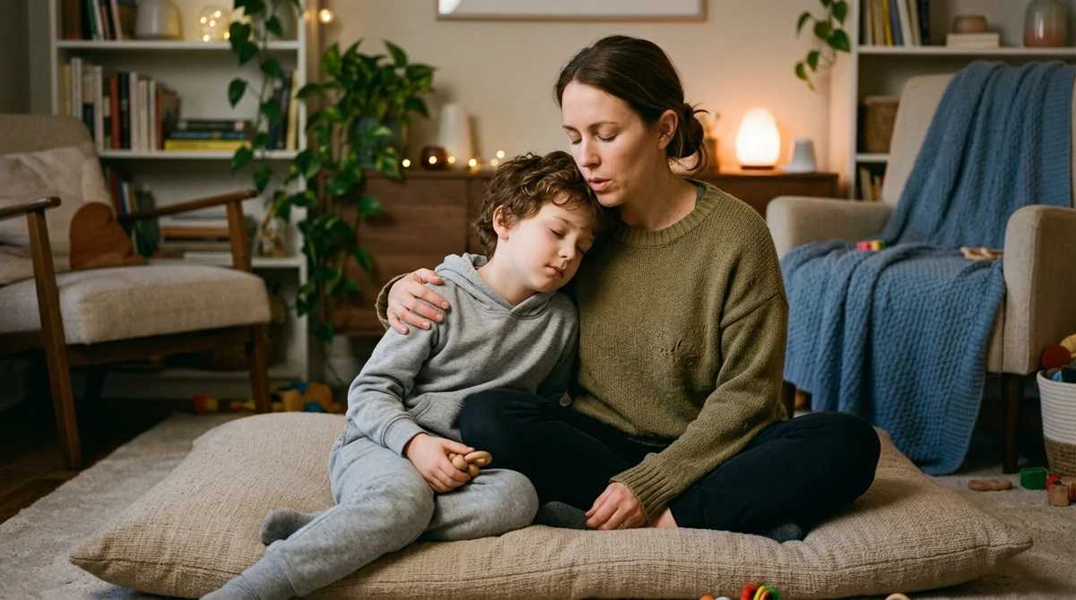 Parent sitting beside neurodivergent child practicing slow somatic breathing and calm co-regulation on a floor cushion