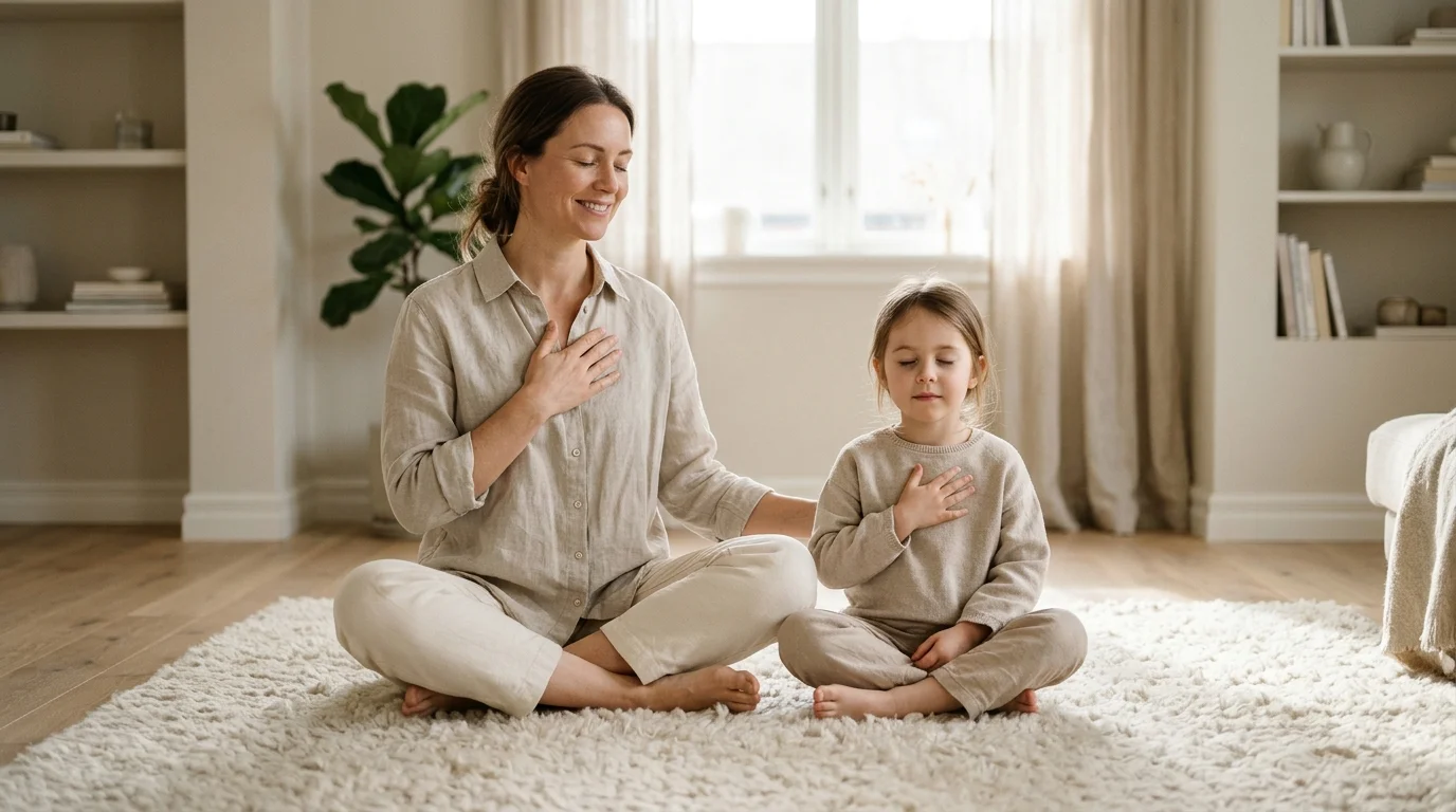 Mother practicing deep breathing and co-regulation with child