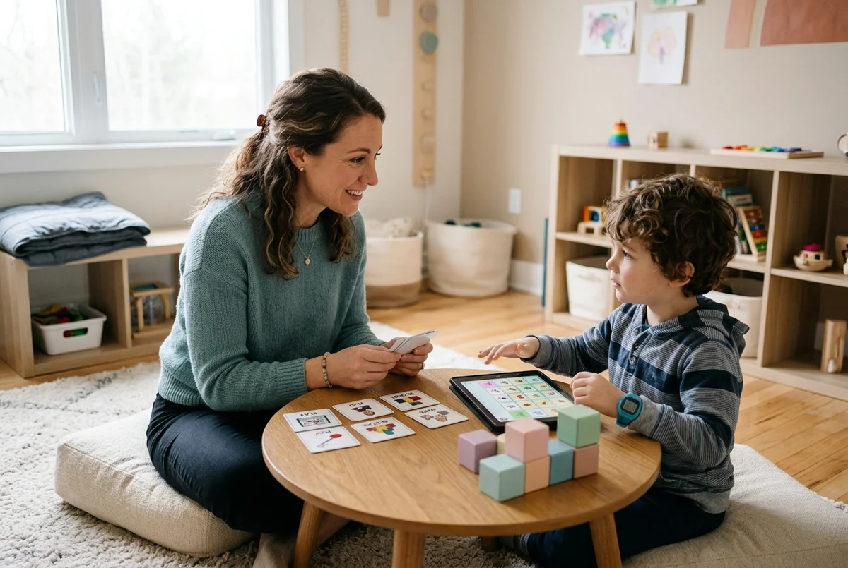 Speech-language pathologist supporting an autistic child with visual communication aids