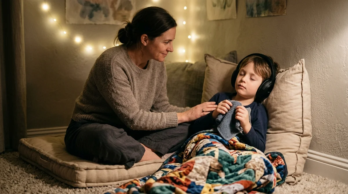 Parent comforting an autistic child during a sensory-friendly quiet time
