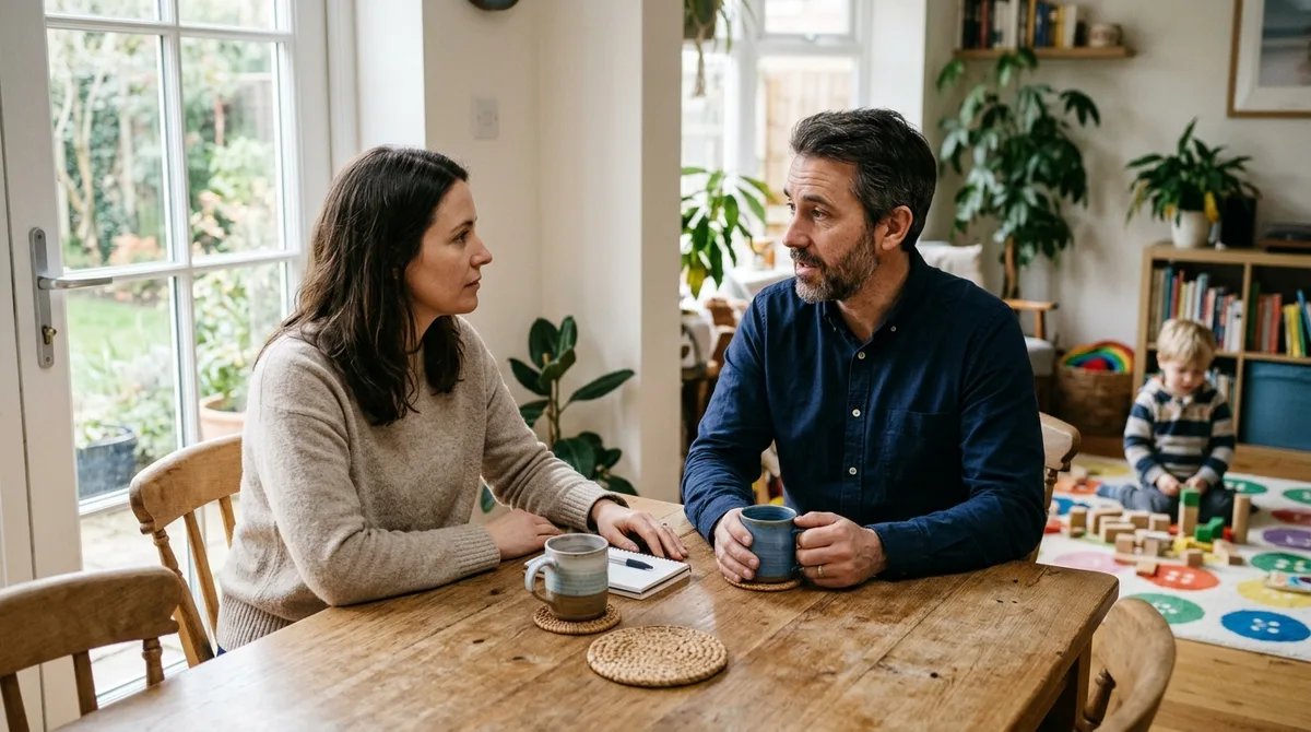 Two adults talking at a kitchen table while a child plays nearby