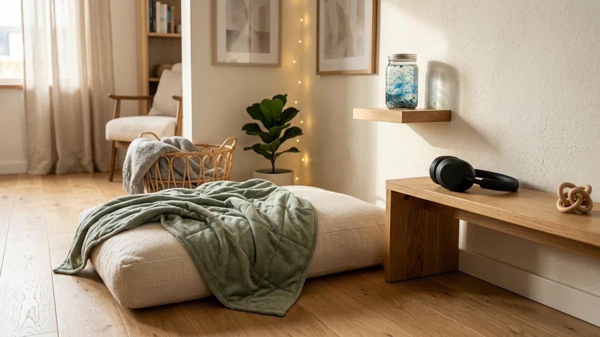 Dedicated home sensory calm corner retreat featuring weighted blankets, noise-canceling headphones, and soothing ambient lighting for an autistic child