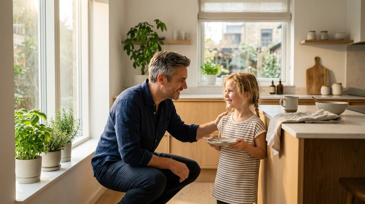 Father and child in a sunlit Scandinavian kitchen calmly cooperating on morning chores and practicing collaborative communication