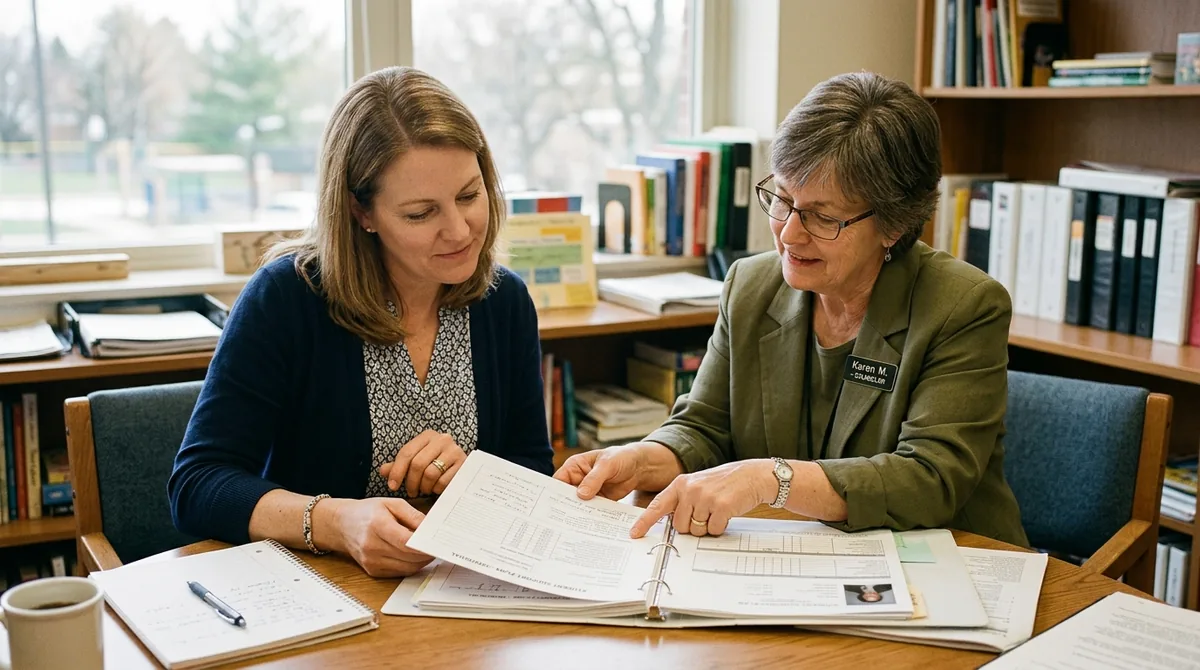 Compassionate parent and dedicated school counselor reviewing student support documentation to establish an IEP anti-bullying safety plan