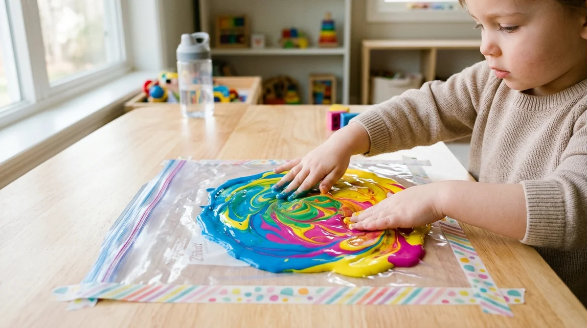 Mess-free sensory painting using sealed ziplock squish bags taped flat to a table