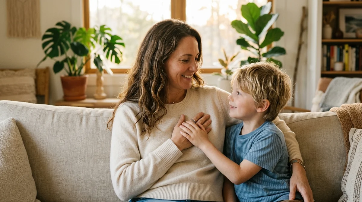 Mother and neurodivergent child practicing anchor hand heartbeat co-regulation and sensory grounding in a warm peaceful room