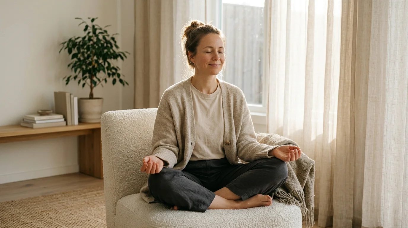 Caregiver practicing deep nervous system regulation and mindful stillness