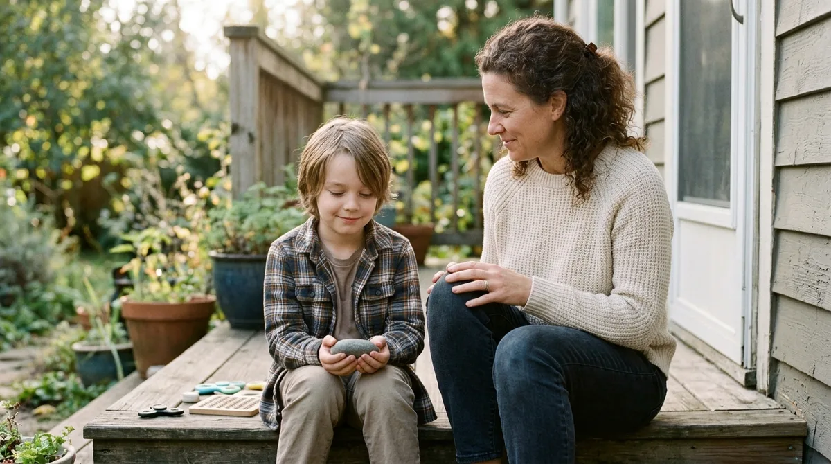 A parent and child sitting together on a porch, the parent calm and attentive
