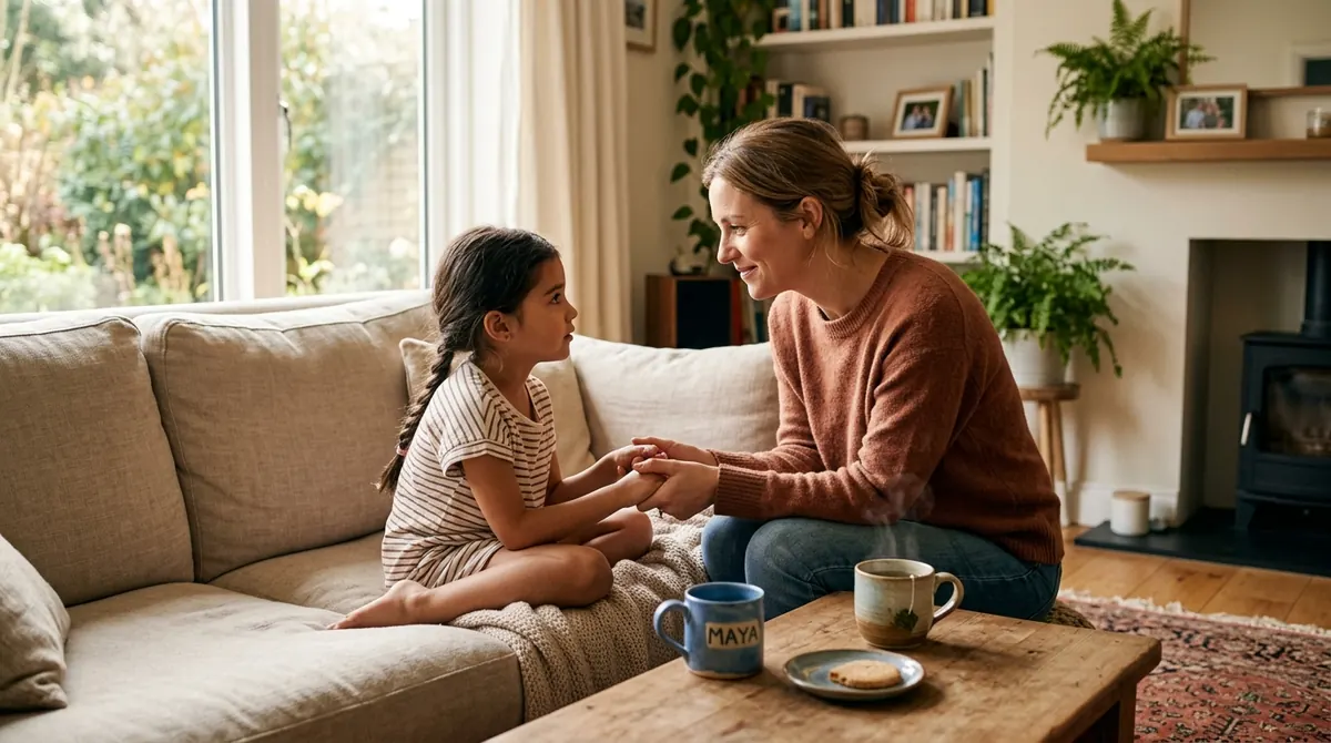Empathetic parent having a calm supportive conversation with child about school peer pressure and online safety