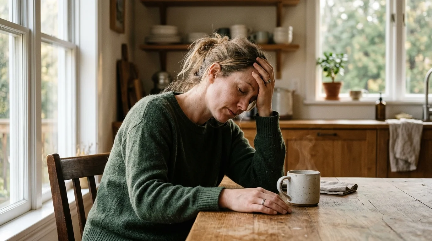 Exhausted parent resting head on hands at kitchen table