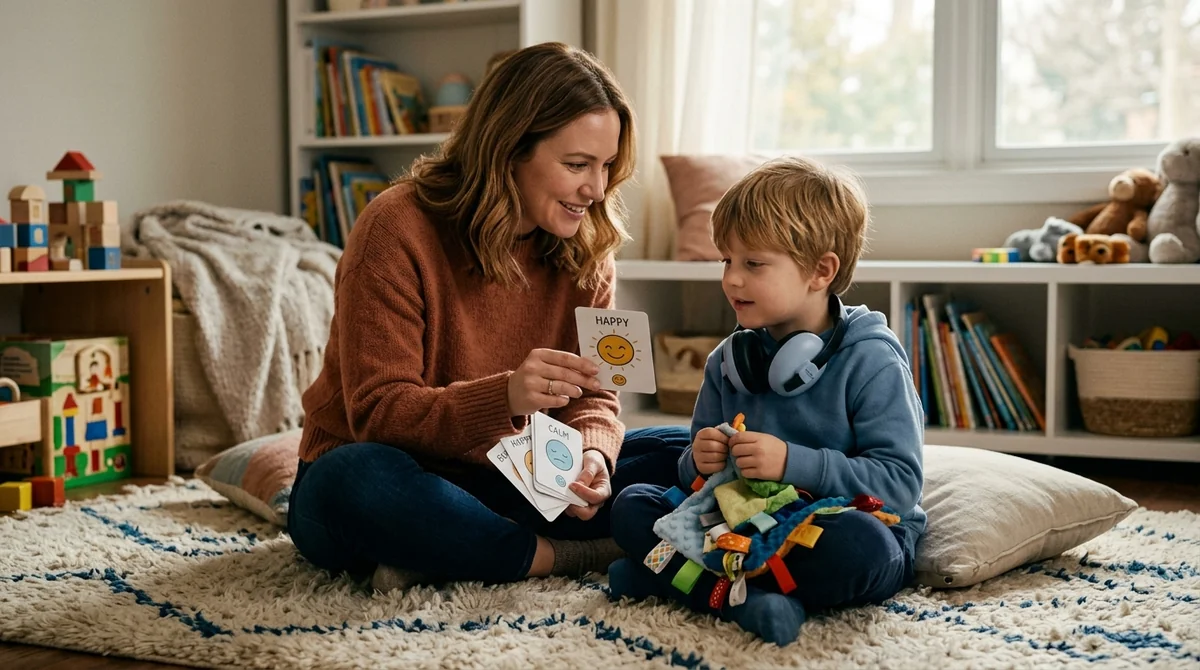 Mother and neurodivergent child connecting gently after an emotional meltdown using visual emotion communication cards and sensory comforts