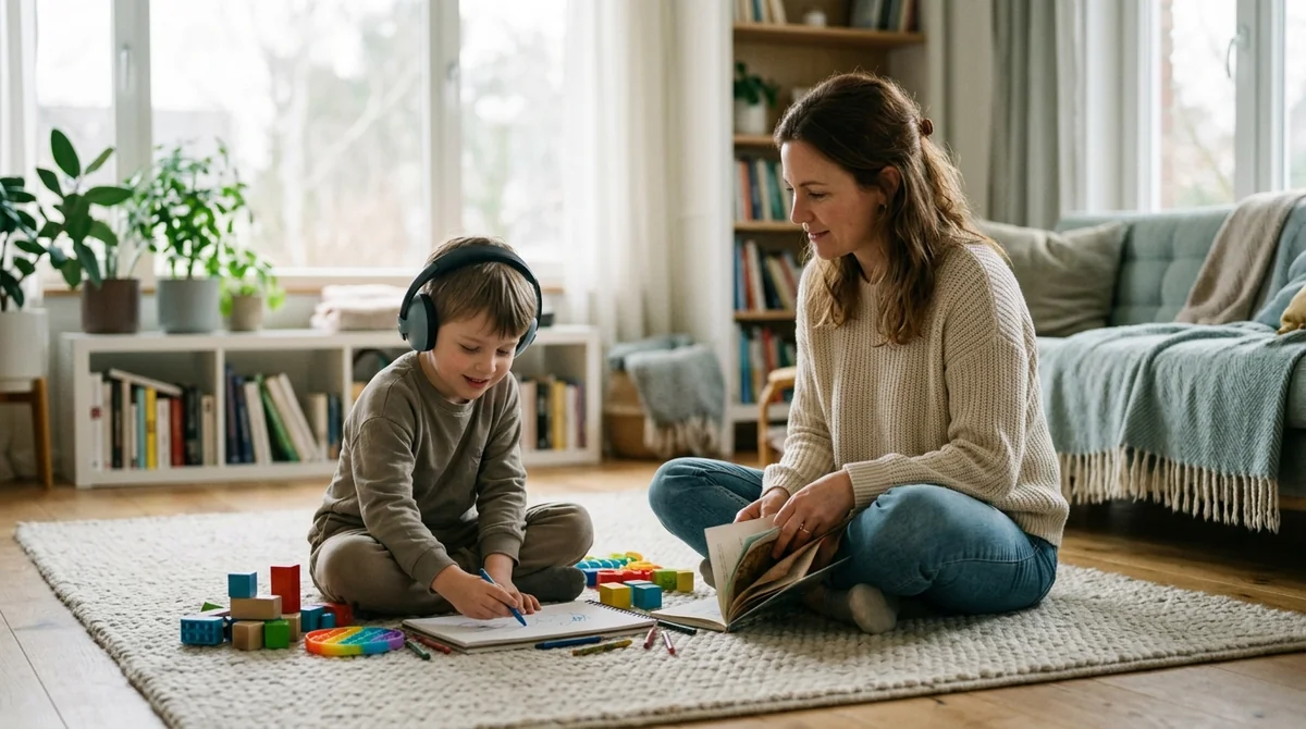 Mother sitting beside her neurodivergent child engaging in calm parallel play and sensory-friendly connection