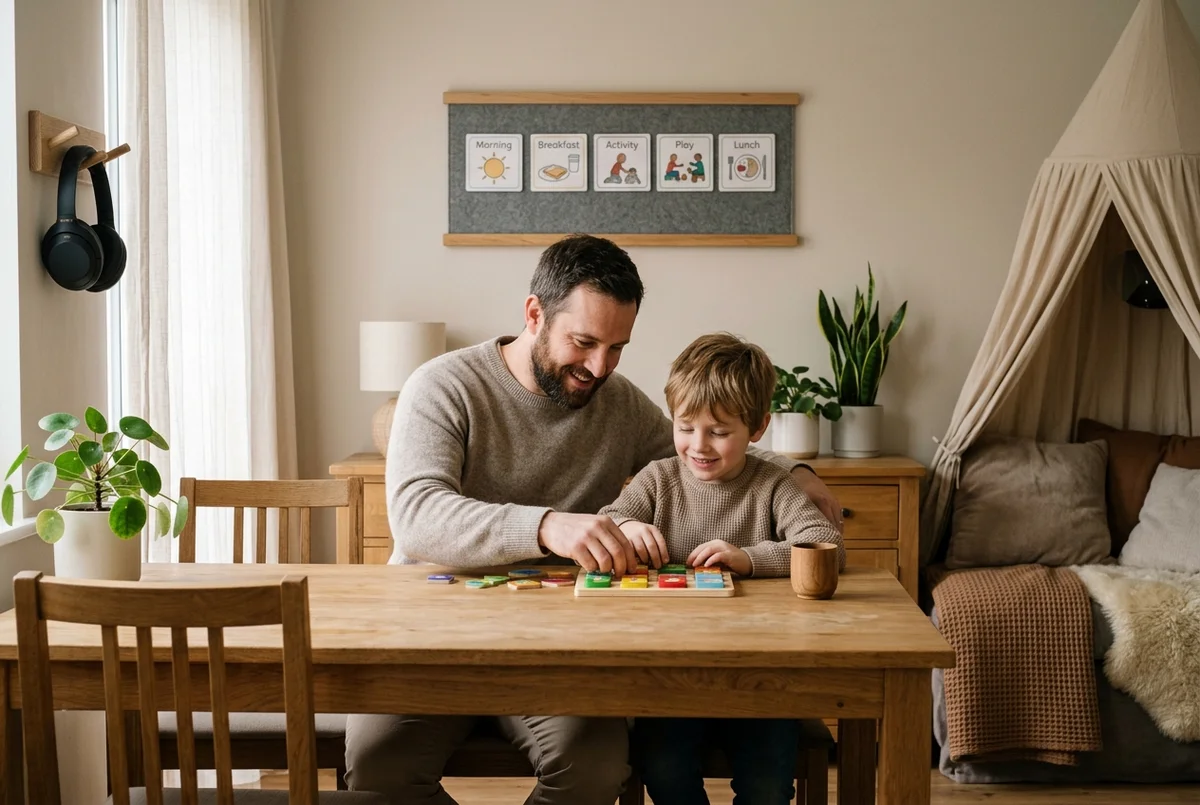 Structured visual supports and sensory regulation environment demonstrating SCERTS transactional support