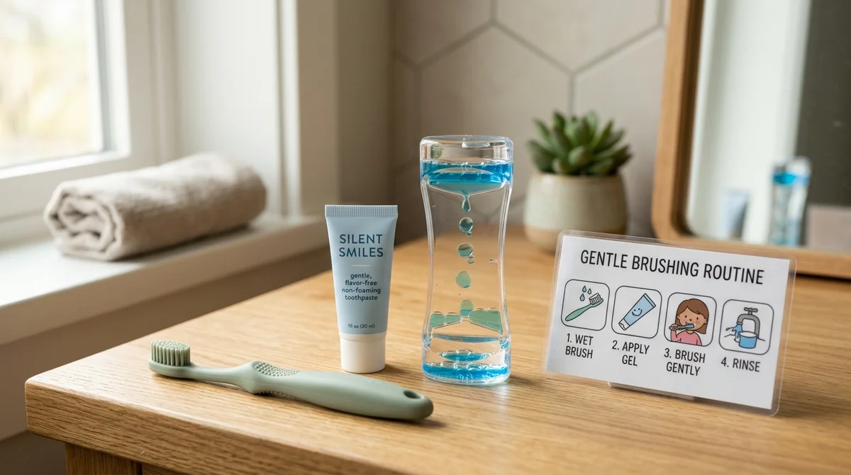 Sensory-friendly pediatric dental care toolkit featuring soft micro-bristle toothbrushes, flavor-free non-foaming toothpaste, visual timer, and routine schedule card on a wooden vanity