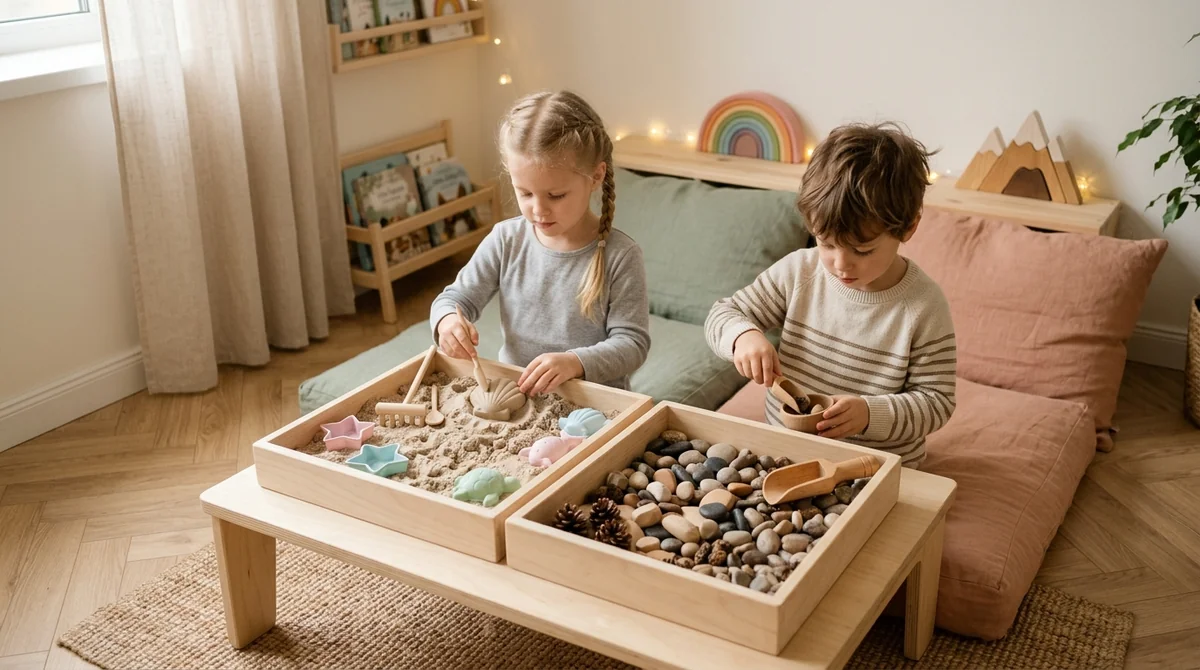 Sensory friendly parallel play environment with sensory bins