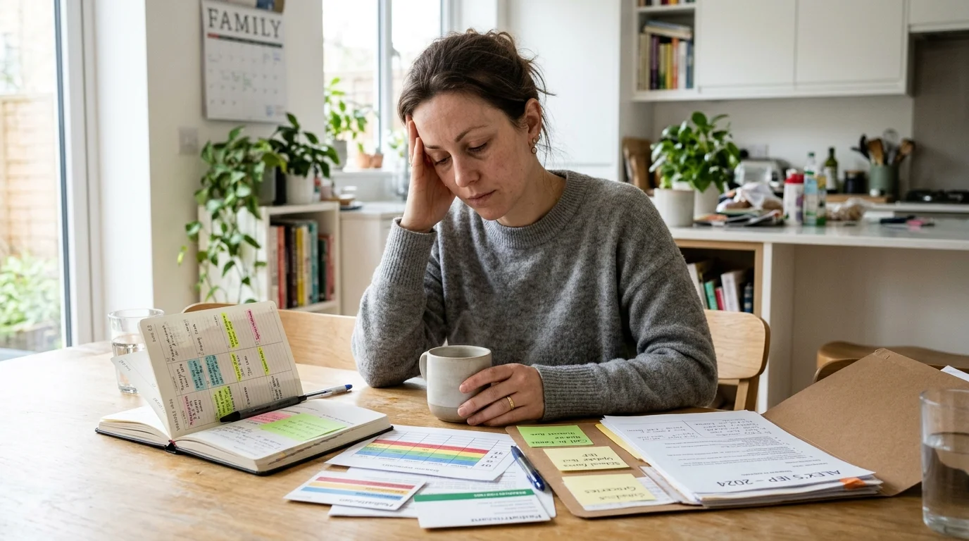 Special needs parent overwhelmed by complex schedules and medical paperwork