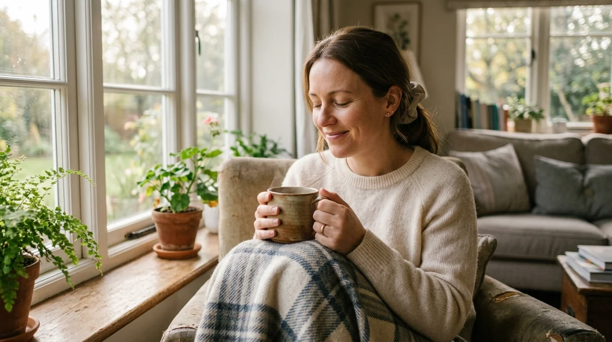 Special needs parent taking a quiet five-minute pause by a window with a warm drink, practicing restorative micro self-care without guilt