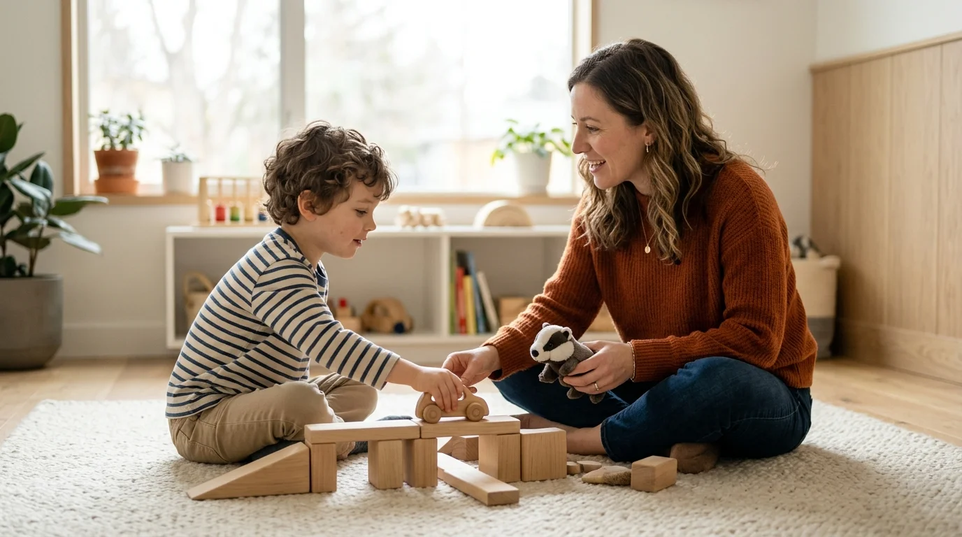 Autistic child and speech therapist engaging in symbolic play on the floor