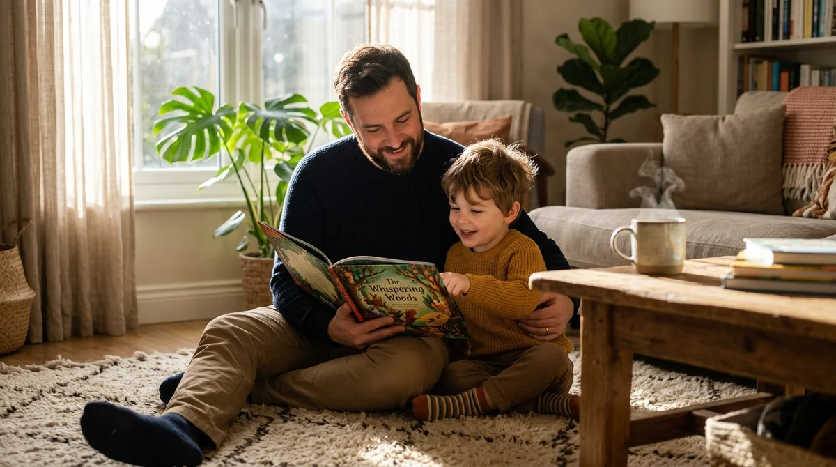 Father and child sitting together peacefully on a living room rug exploring an illustrated book and practicing whole-brain emotional regulation